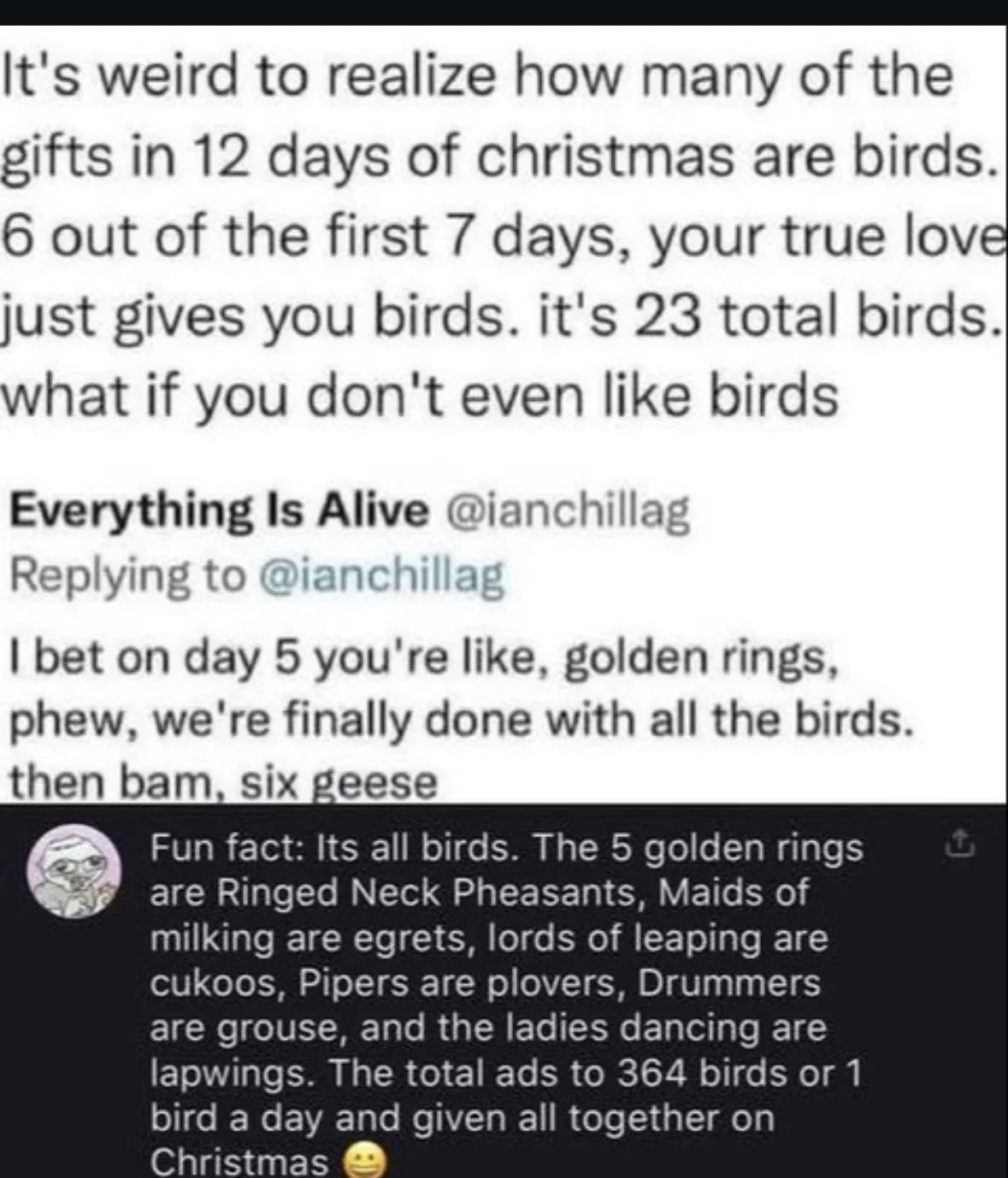 Who knew the 12 Days of Christmas was basically just a bird sanctuary lol