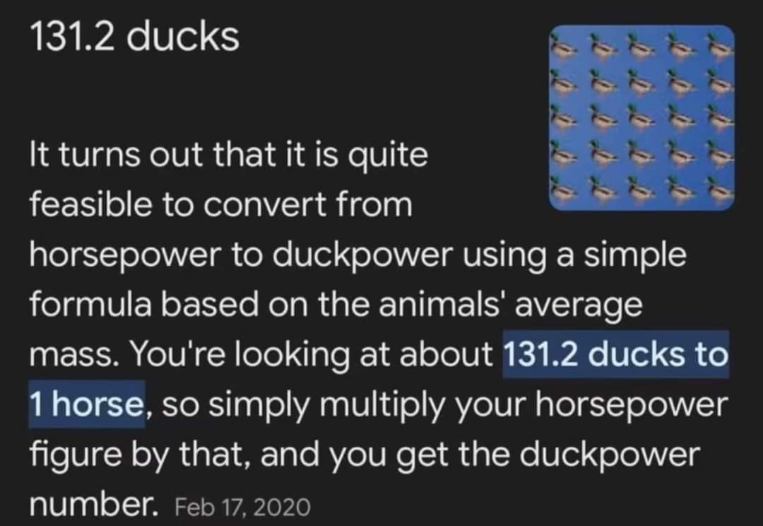 Who knew we needed to convert horsepower to duckpower? Apparently, it's 131.2 ducks per horse.