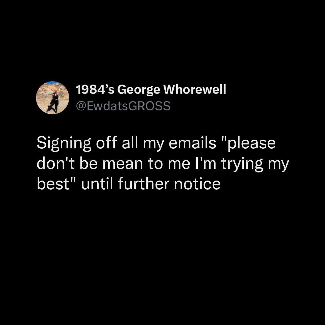 Me ending all my emails with "please don't be mean to me I'm trying my best" like a literal child