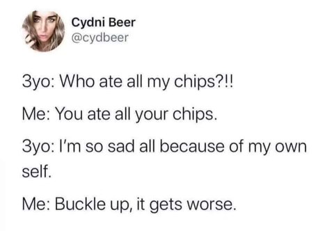 When your 3yo dramatically laments eating their own chips and you gotta explain adulting.