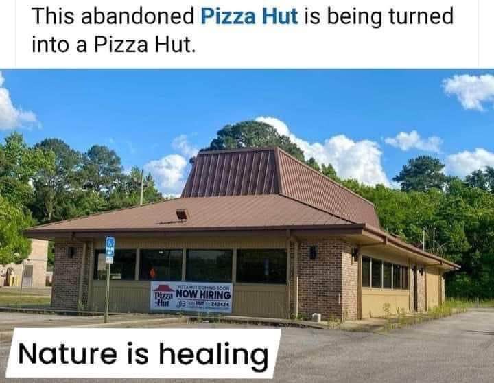 So like, this abandoned Pizza Hut is being renovated... into a Pizza Hut. Nature is healing I guess?