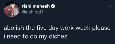 Ugh, can we please abolish the 5-day work week so I can finally do my dishes?