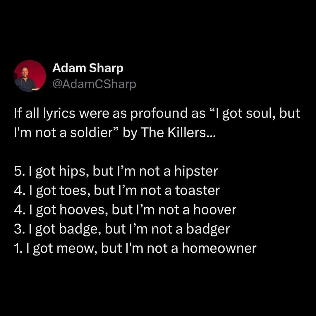 This dude reimagined The Killers lyrics and it's a whole mood. Especially the cat one.