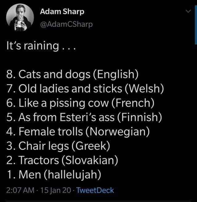 Wait... different languages have different sayings for when it's raining hard? Mind blown.