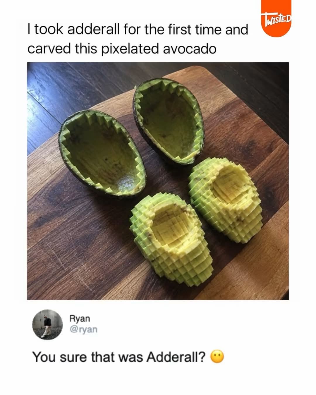 Someone tried Adderall and ended up pixelating an avocado instead of doing something productive lol