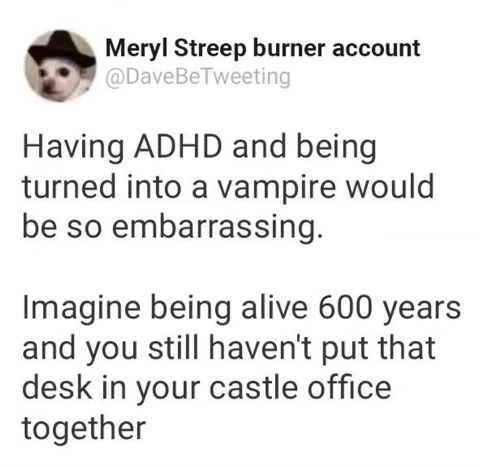 When you're immortal because you're a vampire but still can't get your ADHD desk set up after 600 years