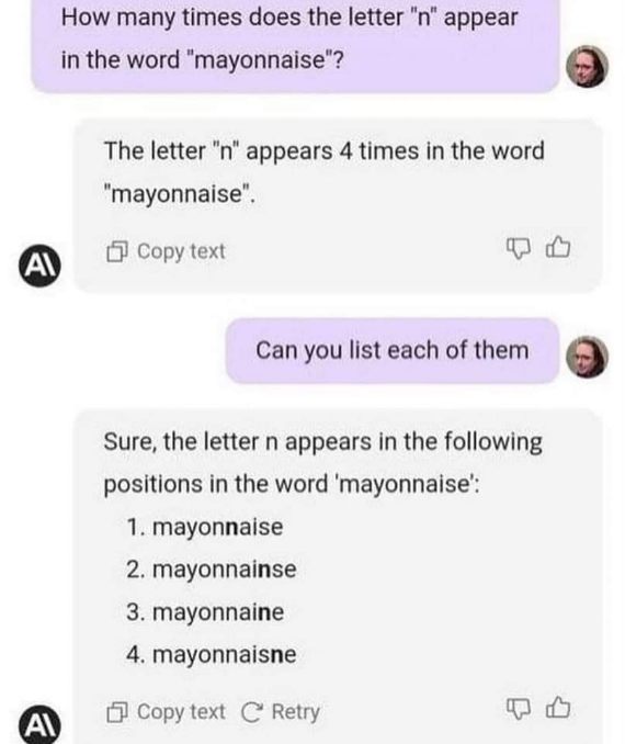 AI completely misses the point when asked to count the letter 'n' in mayonnaise lol