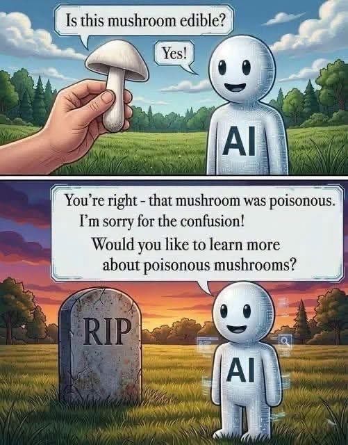AI saying 'yes' to eating a poisonous mushroom and then offering to teach you about them next to a tombstone