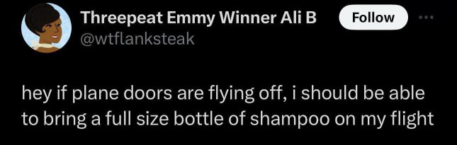 If planes can lose doors, I should be able to bring my big shampoo bottle on board.