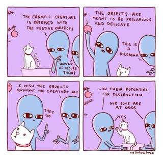 Aliens trying to understand why their cat loves knocking decorations off the tree