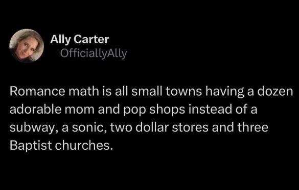 Small towns in romance novels never have a Subway, just a million cute shops and three churches lol