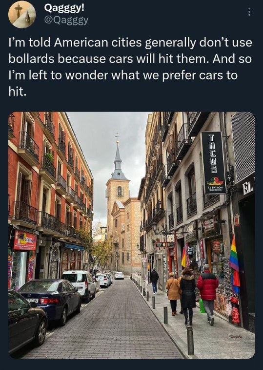 Apparently American cities would rather cars hit people than bollards.