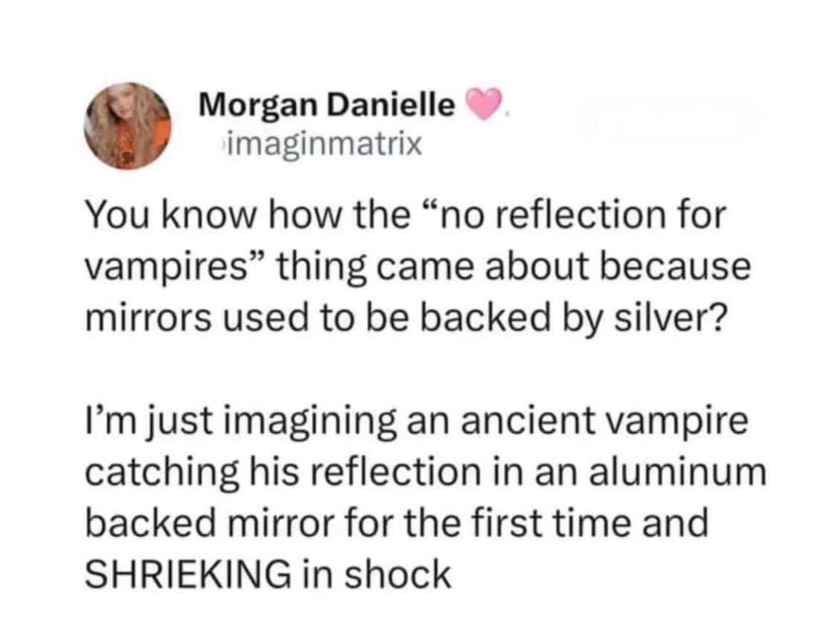 Lol imagining an ancient vampire absolutely losing it when he sees himself in a mirror for the first time bc metal backing changed