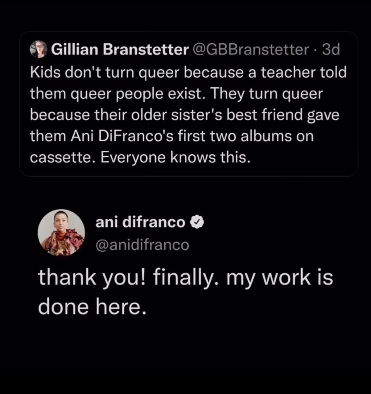 Ani DiFranco's reaction to someone saying her music made them queer is so iconic. She's like 'yeah, that was the plan'.