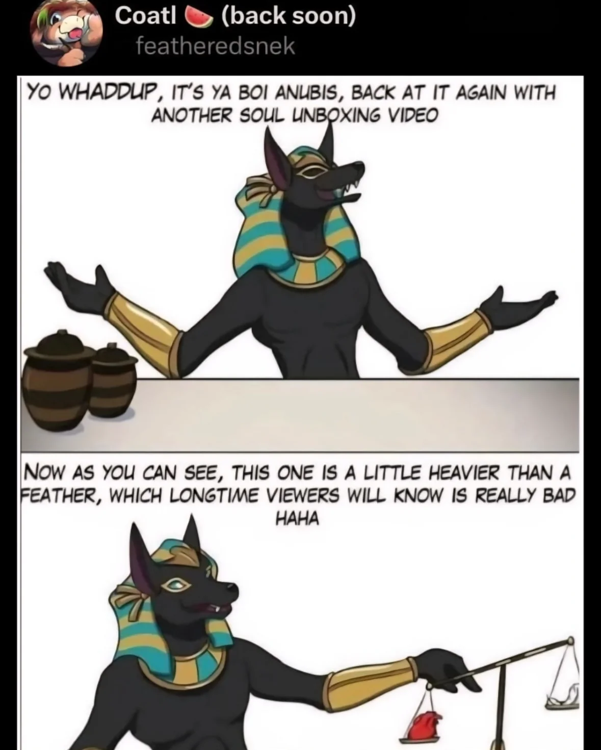 Anubis presenting a soul unboxing video and the soul is heavier than a feather, meaning it's going to be a bad time for the deceased lol