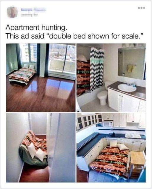This apartment is so tiny they have to use a double bed to show you how small it is.