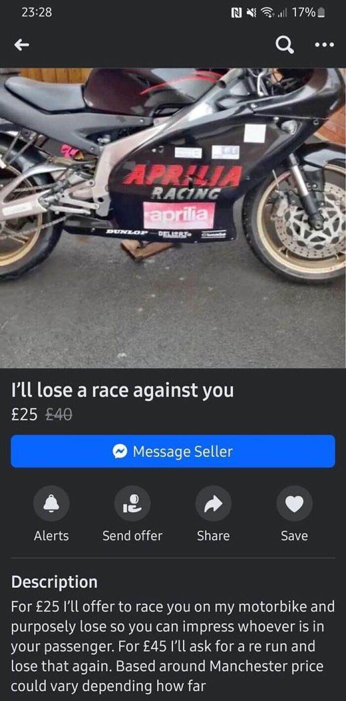 This guy is selling a racing motorbike but will purposely lose a race for £25 so you can impress your passenger.