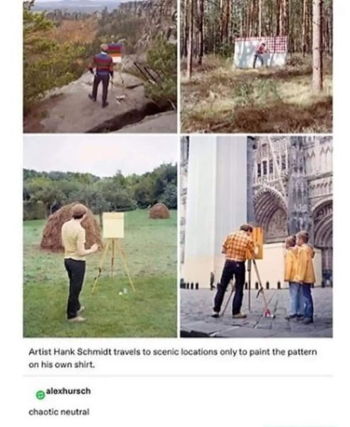 This artist travels to scenic places just to paint the pattern from his shirt, lol