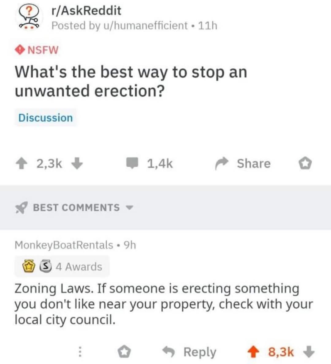 This is so funny, they took the NSFW question literally and answered it with zoning laws lol