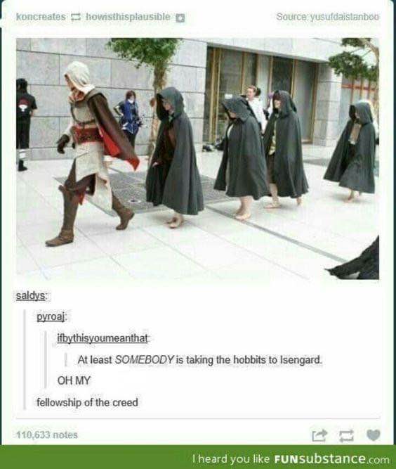 When you mix up your fandoms and have to escort hobbits to Isengard with the Assassin's Creed crew