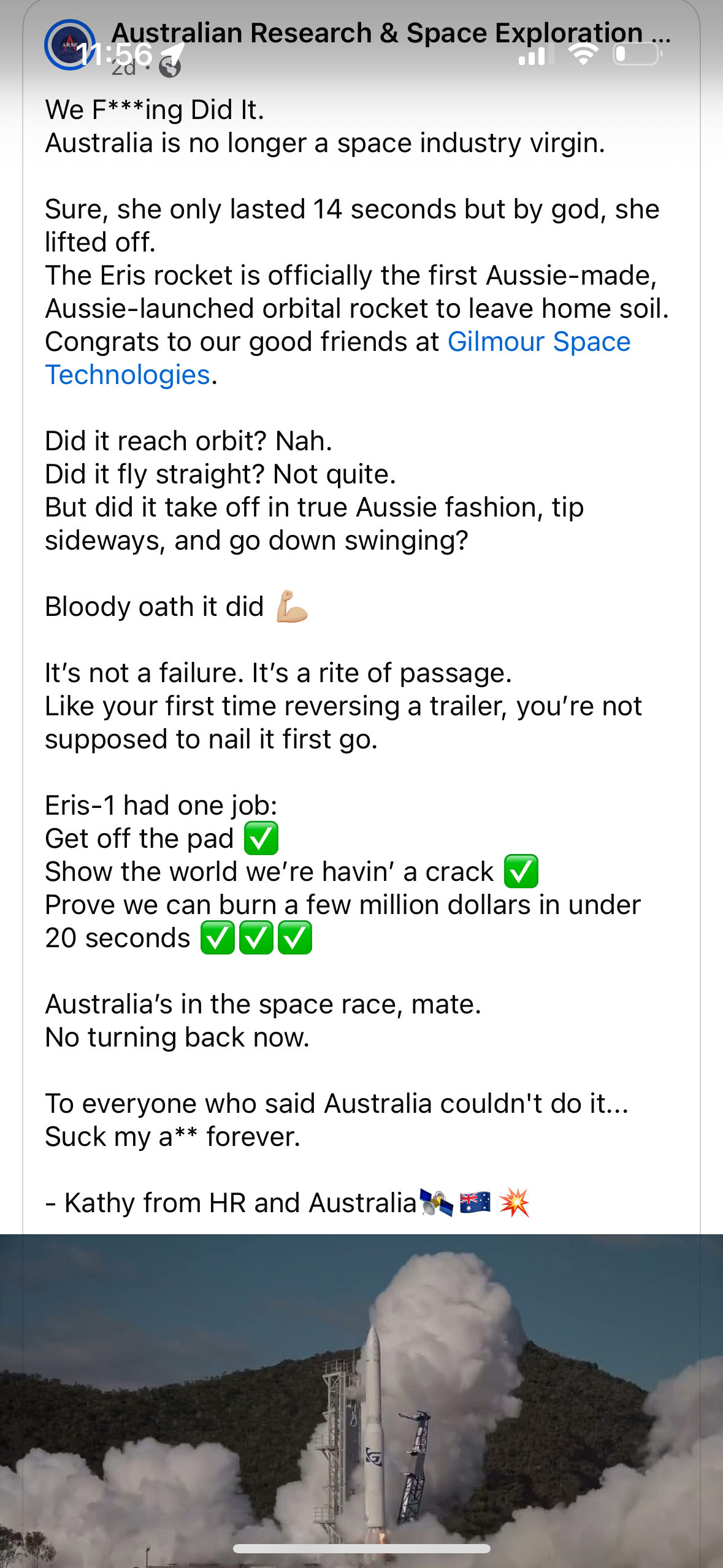 Australia's first rocket launch didn't quite make it to orbit but hey, at least it took off like a true Aussie.