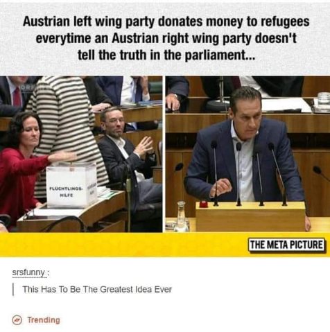 So the left wing party incentivizes the right wing party to lie more by donating money to refugees each time they do. Genius.