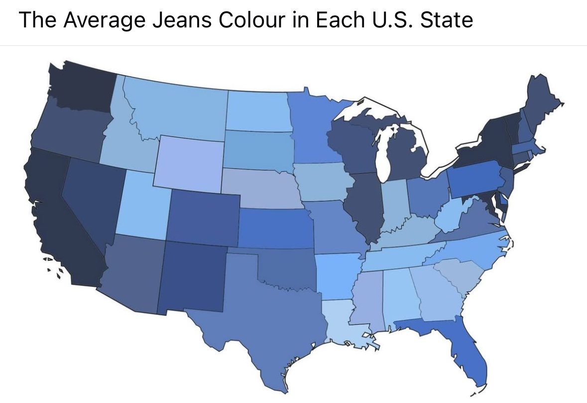 Lol this map shows the average jeans color in each state. Someone definitely didn't think this through