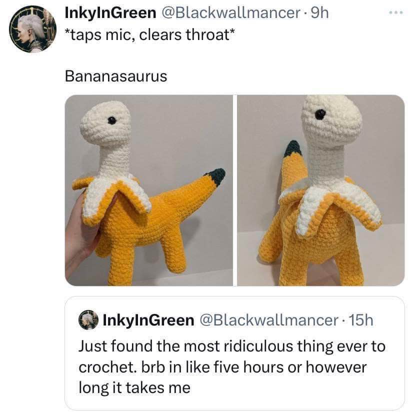 When you want to introduce your new crochet creation but you can't think of a better name than Bananasaurus