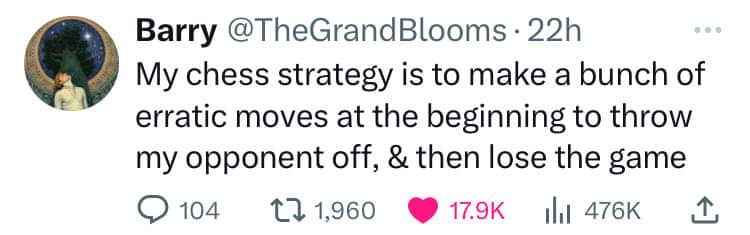 My chess strategy is to make a bunch of erratic moves to throw my opponent off, then lose the game. Barry is a genius.