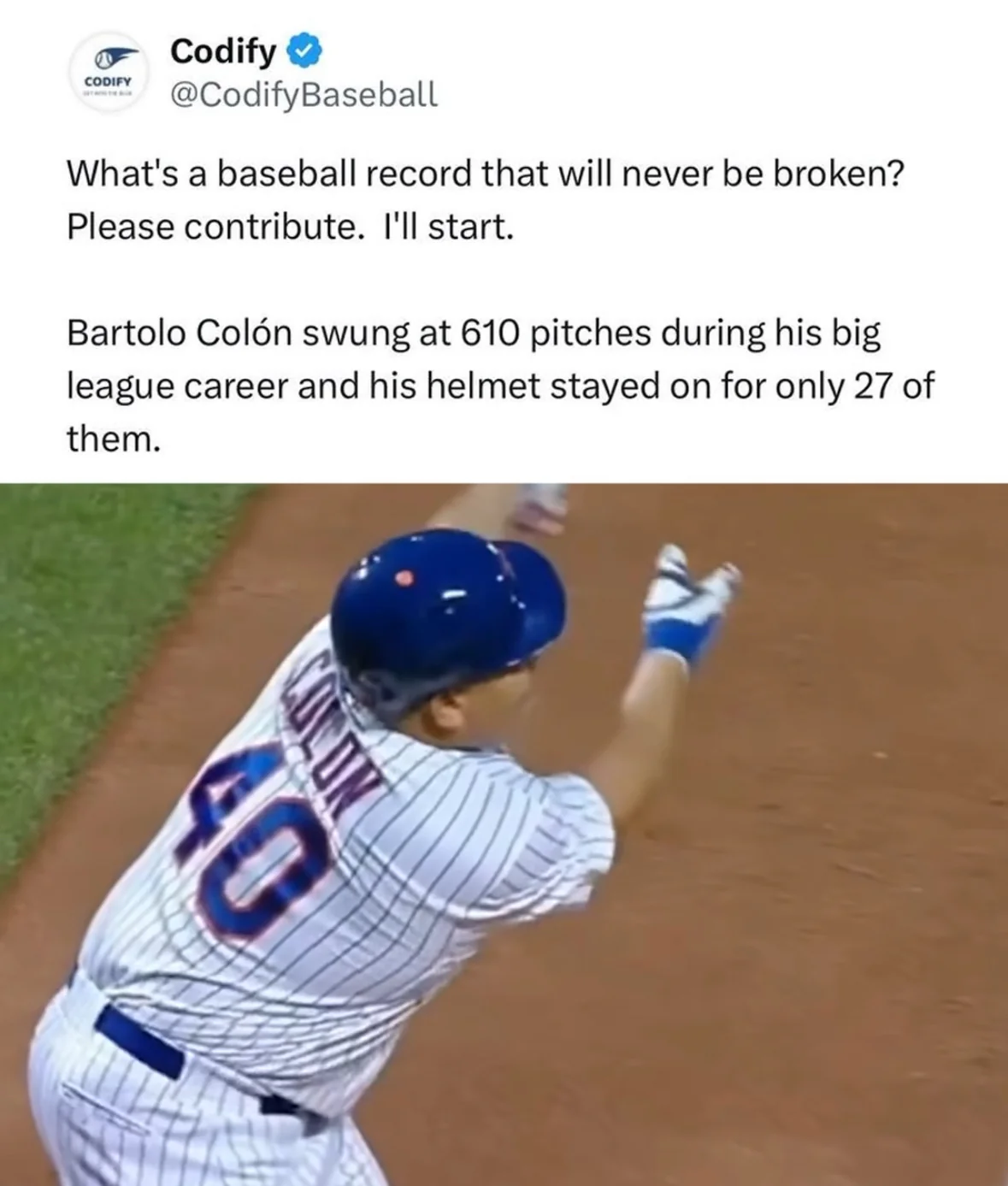 How is that helmet staying on for only 27 pitches ever? Bartolo Colon is built different.