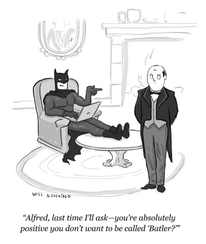 Batman trying to get Alfred to accept the punny nickname 'Batler'