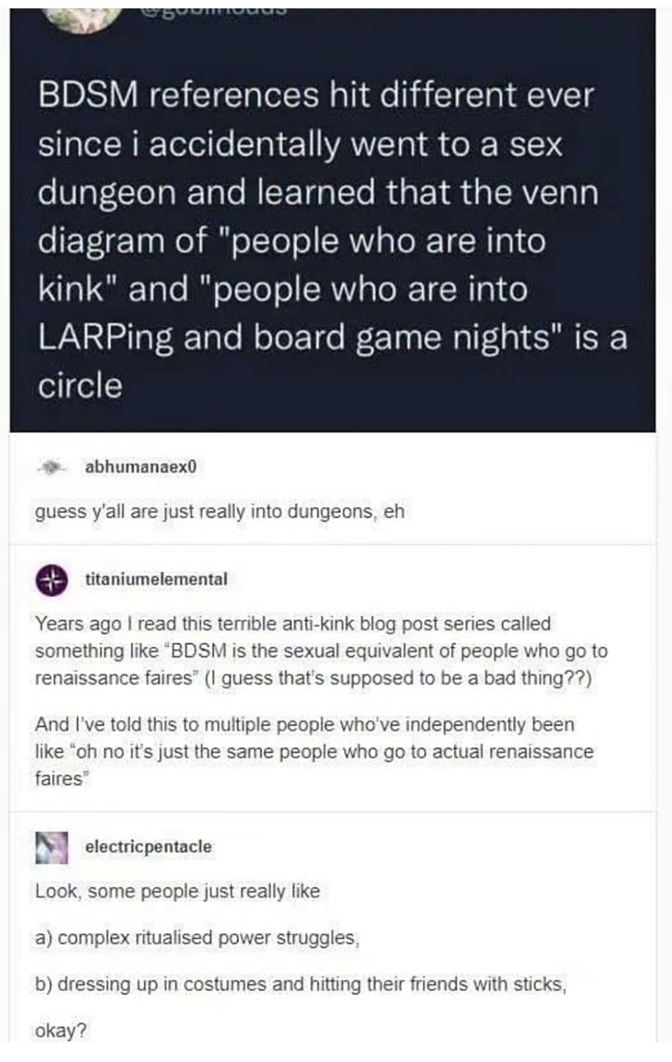 So apparently BDSM and LARPing/board game nights are the same Venn diagram? Guess we all just like dungeons.