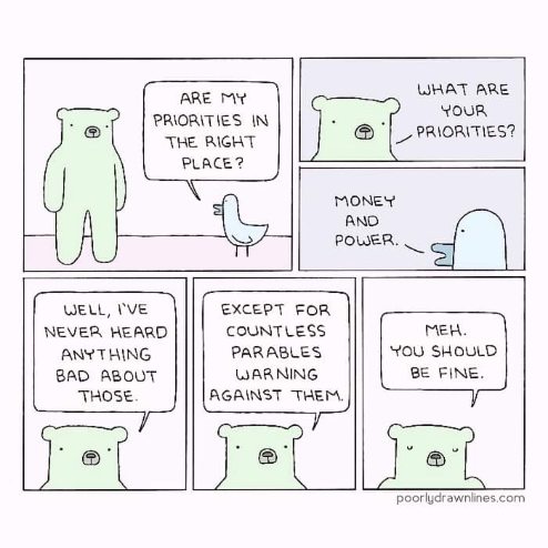 This bear asking about priorities and the duck just being like 'meh, you'll be fine' is peak vibe.