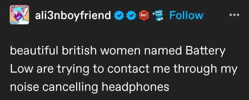When you hear a "Battery Low" notification from outside your noise cancelling headphones and assume it's a British woman trying to reach you