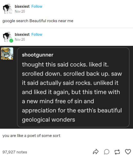 When you mean to search for rocks but your brain goes straight to cocks, then you have to re-evaluate your life choices.