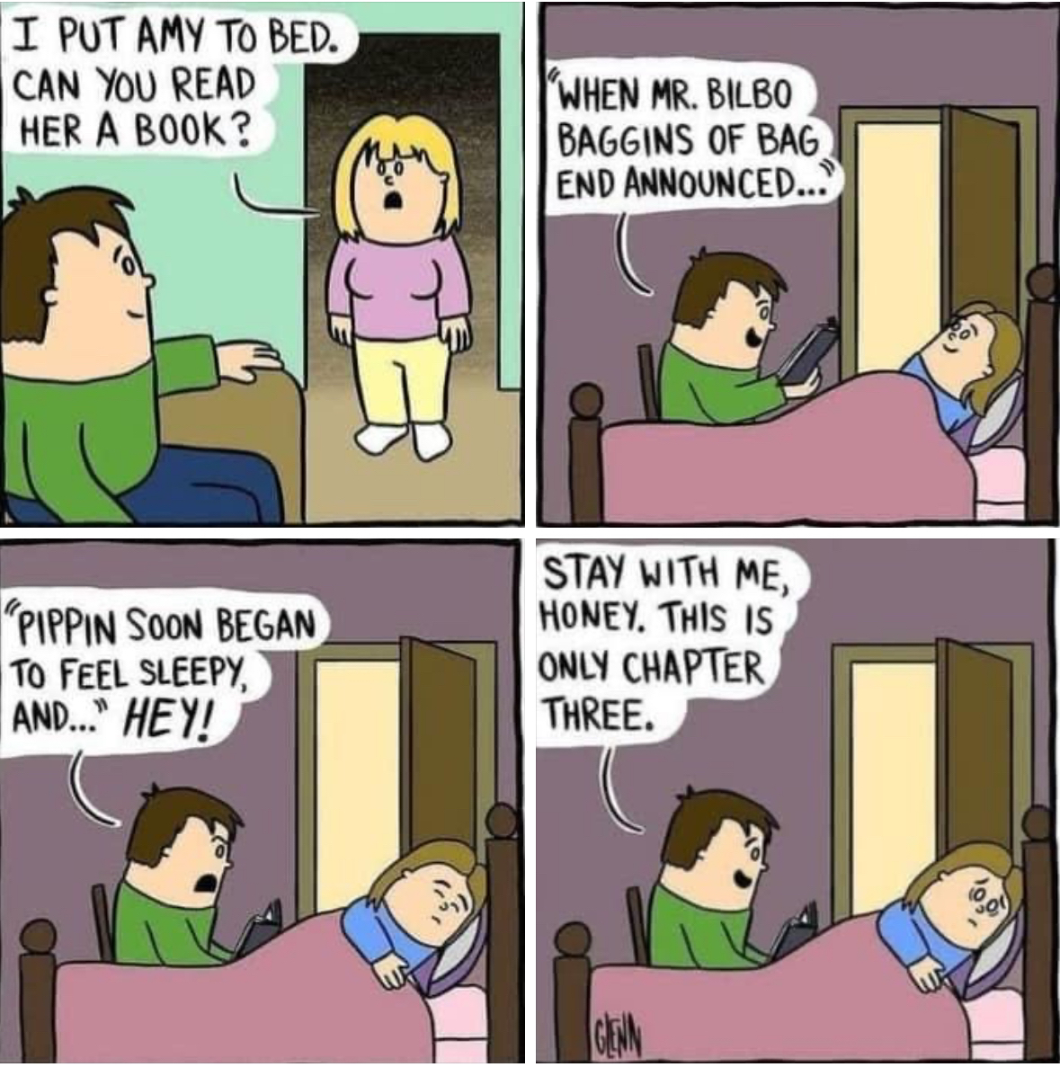 Narrator gets too into the book and their kid falls asleep before they even get to the good part