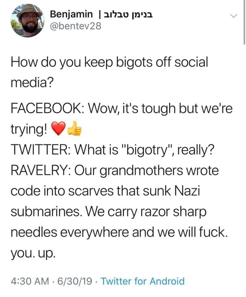 Apparently Ravelry has been secretly protecting us from bigots with their knitting skills this whole time.