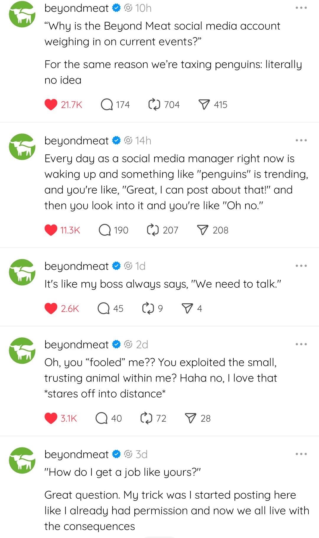 Beyond Meat's social media manager is out here taxing penguins for no reason and I respect that.