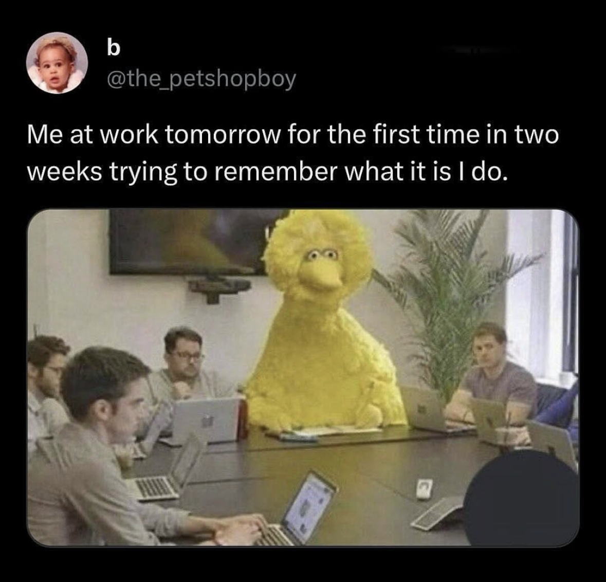 Me returning to work after a long vacation and having no clue what my job is anymore.