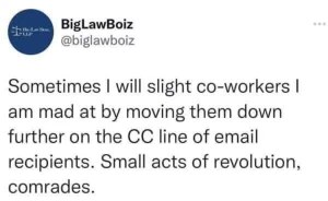 Me getting petty at work by hiding my coworkers on email CC lines. A small act of revolution, comrades.