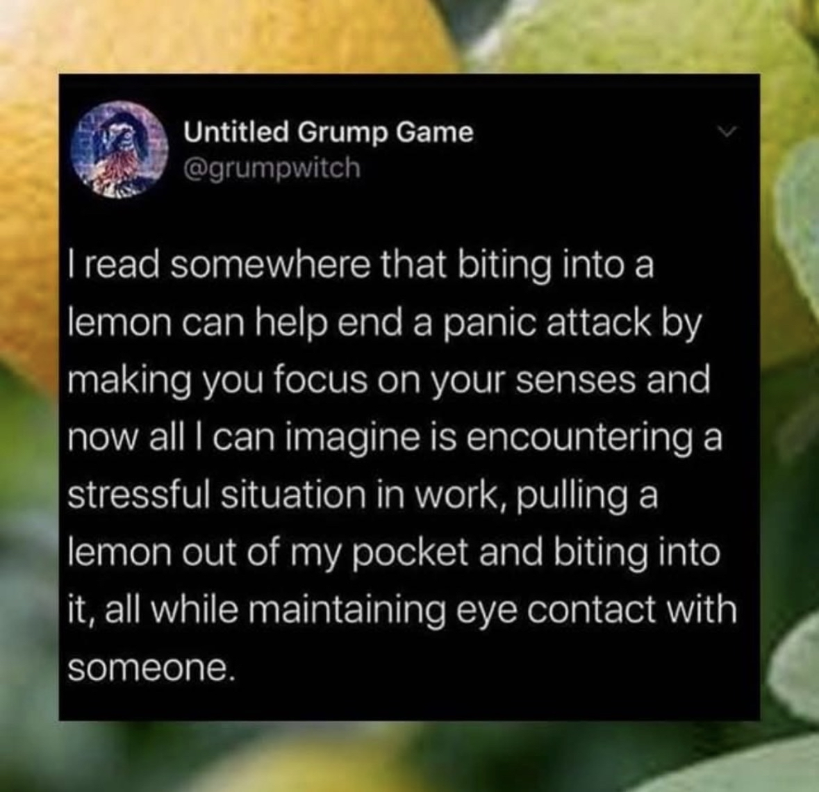 When you find out biting into a lemon can stop a panic attack, but your only idea is to do it during a work stress situation while staring someone down.