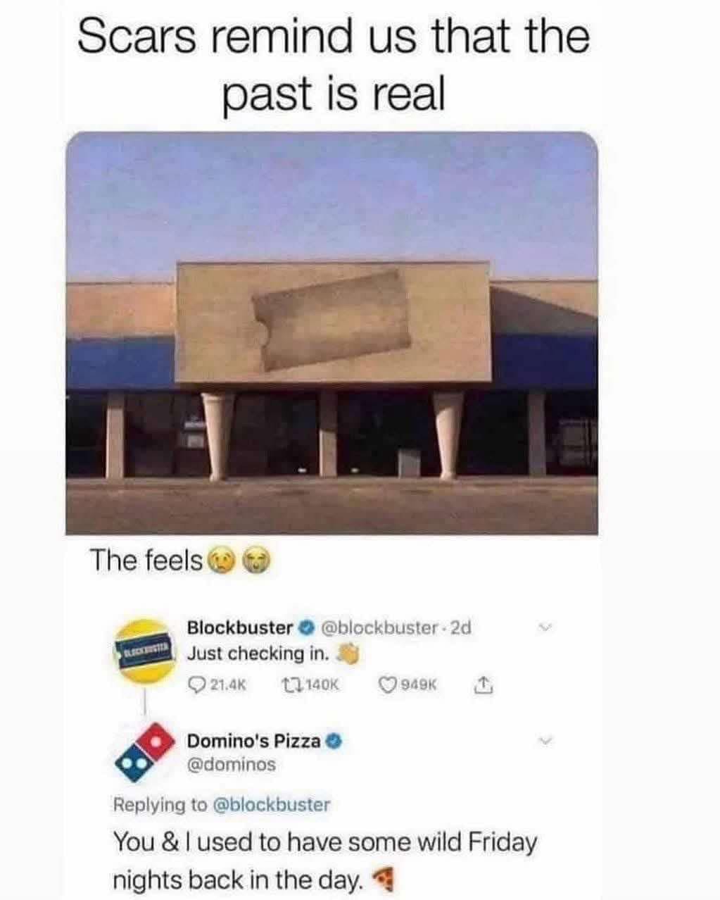 Blockbuster and Domino's reminiscing about their wild Friday nights together, RIP.