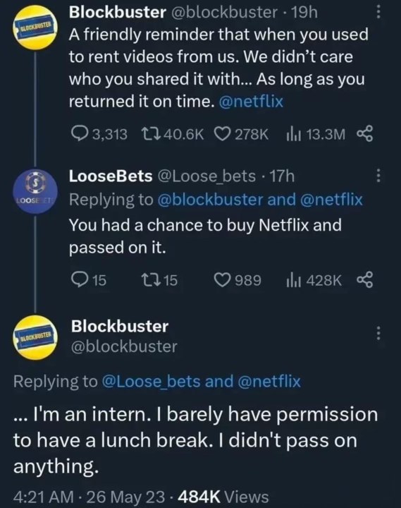 Oof, Blockbuster's clapback to LooseBets about passing on Netflix is brutal: 'I'm an intern, I barely have permission to have a lunch break.'