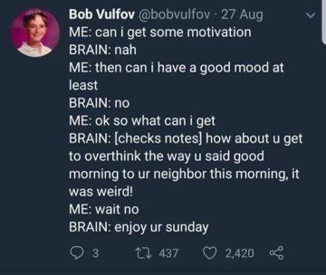 My brain suggesting I overthink saying good morning to my neighbor instead of giving me motivation or a good mood. Classic.