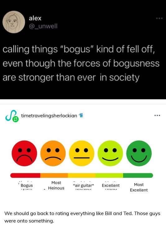 Remember when we used to rate things 'bogus' instead of all those other ratings? Bill and Ted were onto something, we need it back.