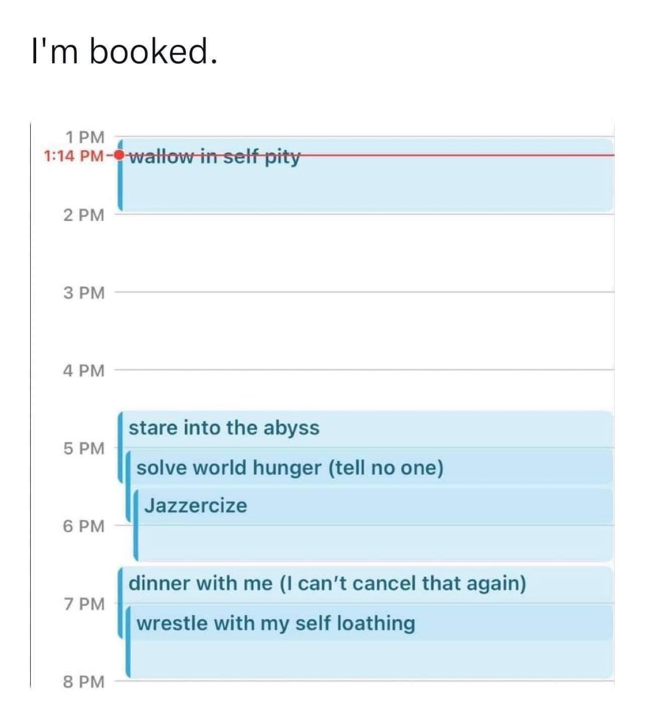 My schedule is packed with very important tasks like wallowing in self-pity and wrestling with my self-loathing.