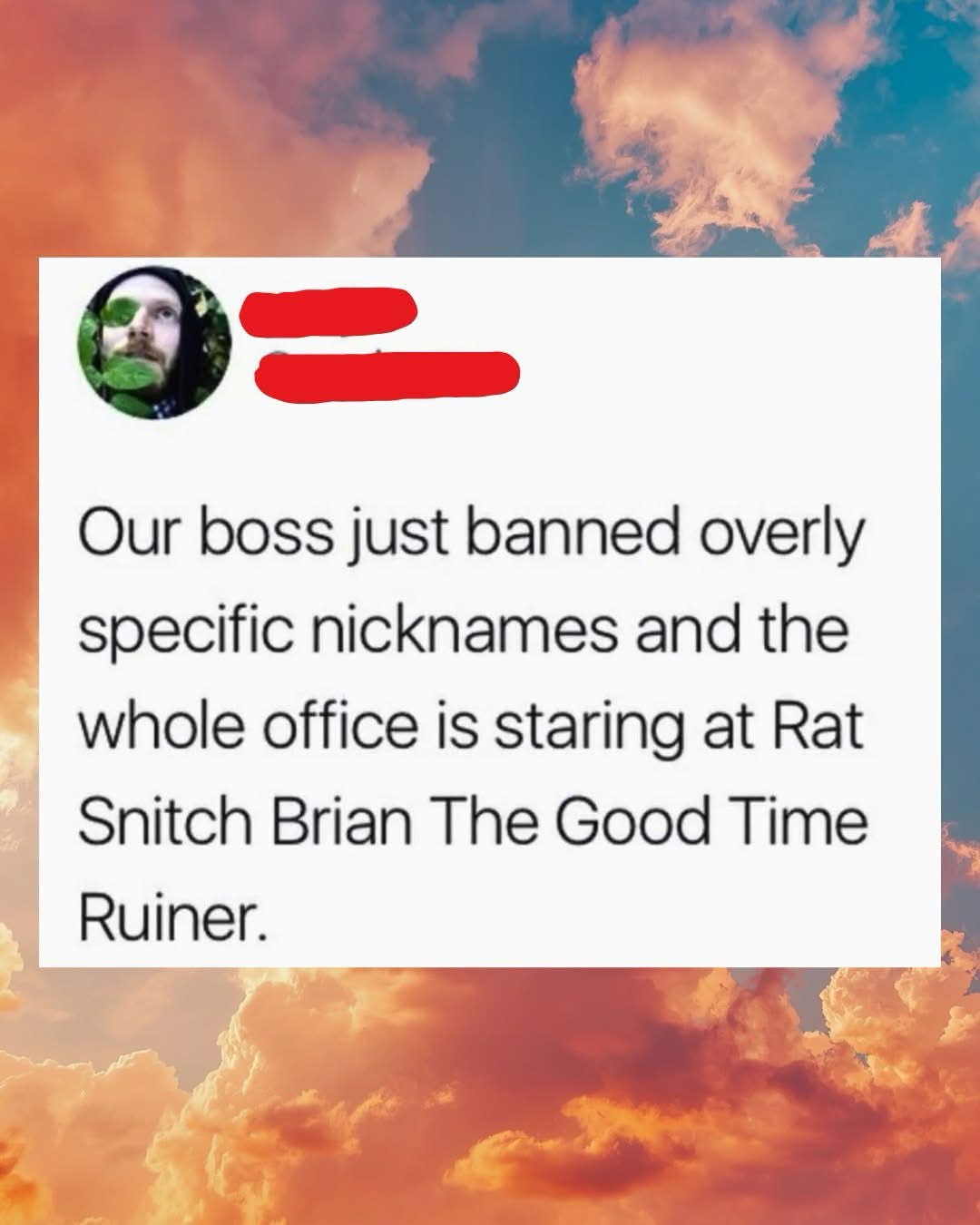 Lol my boss banned nicknames but everyone is staring at Rat Snitch Brian The Good Time Ruiner.