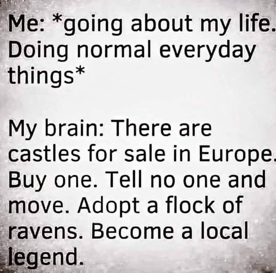 My brain constantly telling me to ditch everything and become a European castle owner with pet ravens.