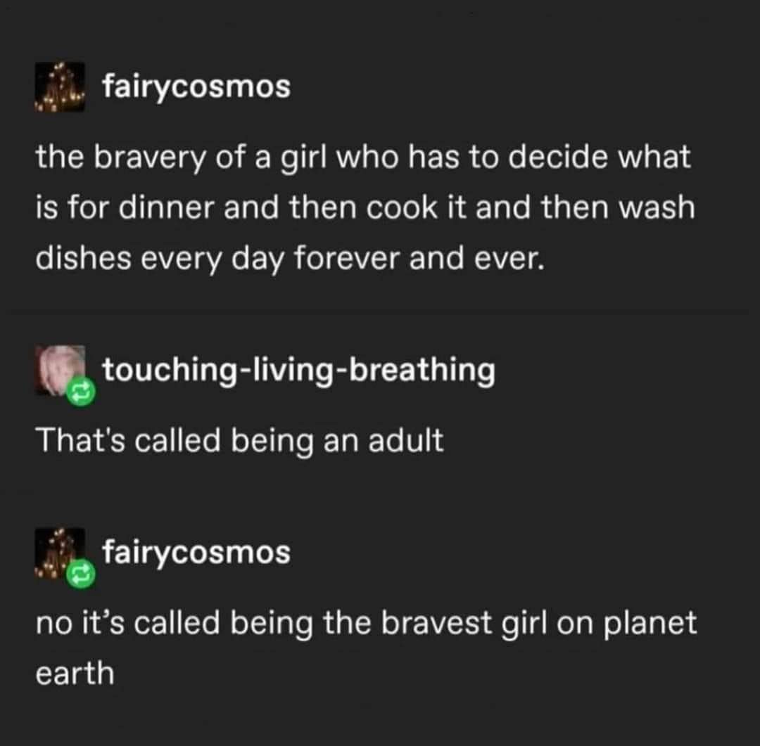 When someone points out that cooking and cleaning every day is just 'being an adult' and you have to correct them that it's actually the most heroic feat imaginable.