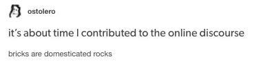 OMG can't believe I just came up with the most insightful online discourse ever: Bricks are domesticated rocks.